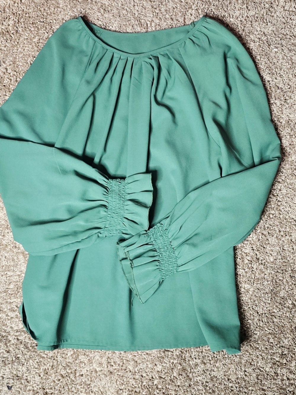 SHEIN Teal Green Smocked-Sleeve Peasant Blouse